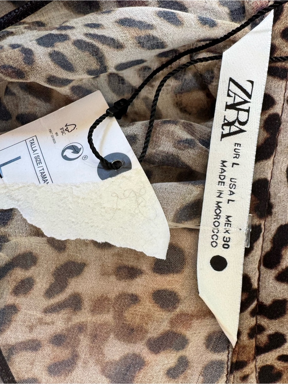 NWT Zara Leopard Print Sheer Ruffle Tie Front Blouse Bell Sleeve Top Brown L - Picture 2 of 9